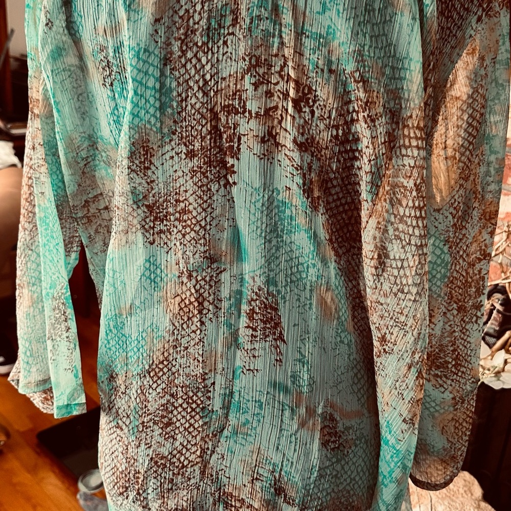 Aqua Blu Teal and Brown embellished neckline Sheer , 1X, bust 23" across NWT - Picture 3 of 9